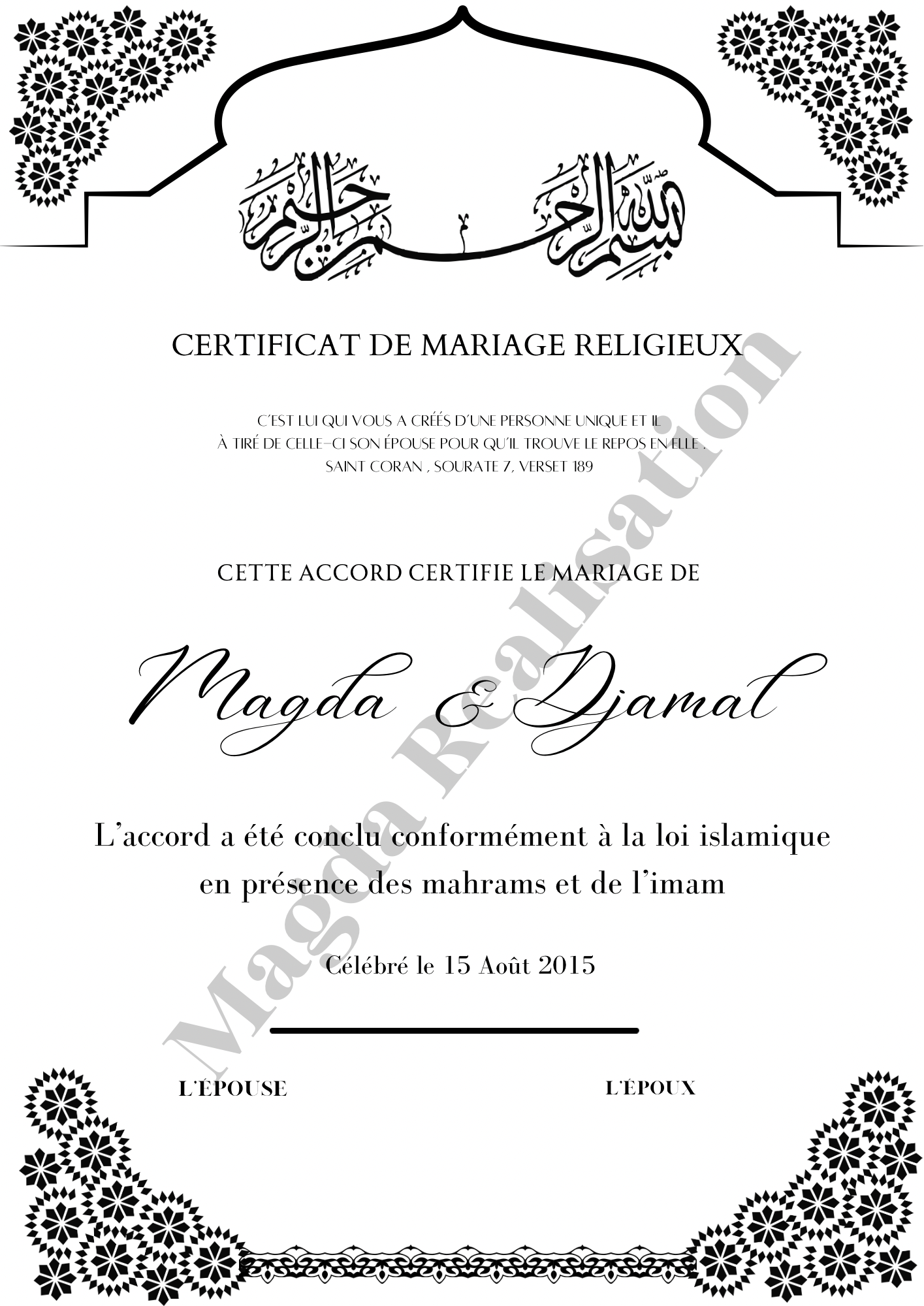 Certificat de mariage religieux (nikah) – Magda Realisation