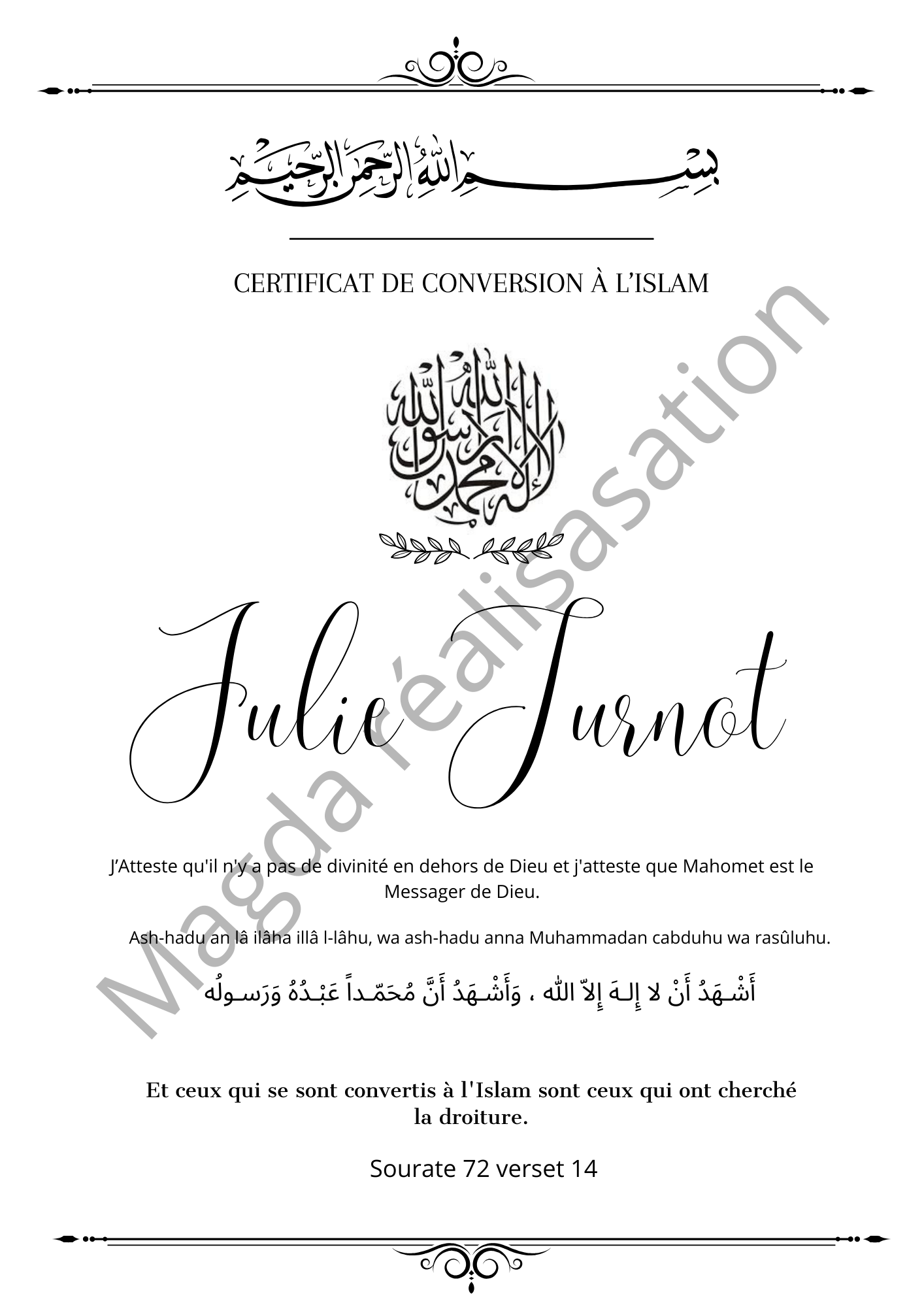 CERTIFICAT CONVERSION ISLAM